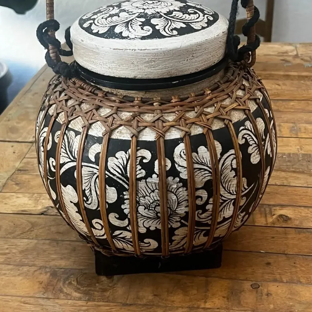 Vintage Thai Lidded Rice Basket With Handle 11.5